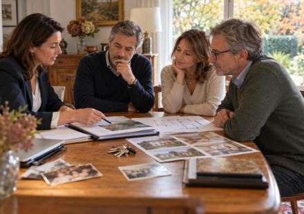 Vendre un logement hérité à plusieurs : comment éviter les blocages sur le prix ? Trois héritiers discutent de l’estimation d’une maison familiale avec une conseillère immobilière.