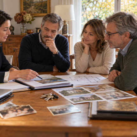 Vendre un logement hérité à plusieurs : comment éviter les blocages sur le prix ? Trois héritiers discutent de l’estimation d’une maison familiale avec une conseillère immobilière.