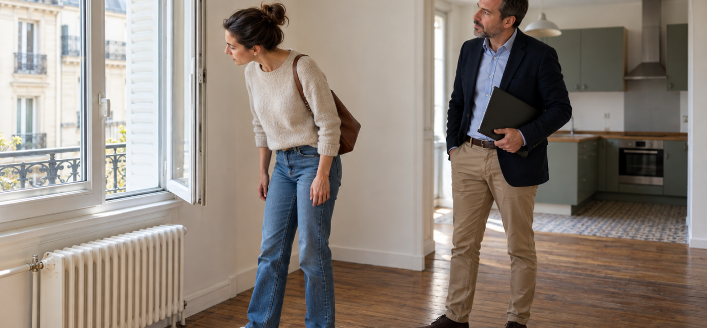 Une candidate à la location examine une fenêtre ouverte pendant la visite d’un appartement avec un professionnel immobilier.