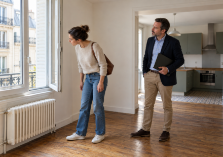 Une candidate à la location examine une fenêtre ouverte pendant la visite d’un appartement avec un professionnel immobilier.