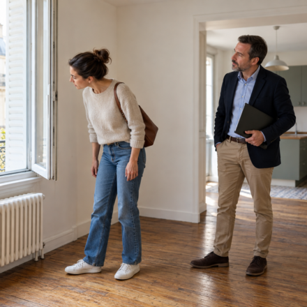 Une candidate à la location examine une fenêtre ouverte pendant la visite d’un appartement avec un professionnel immobilier.