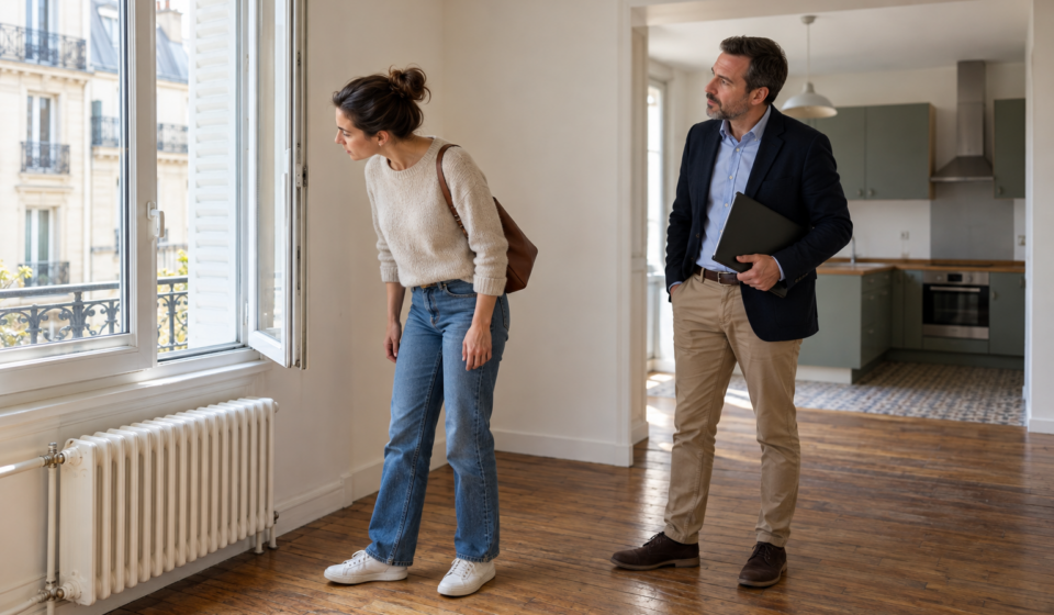 Une candidate à la location examine une fenêtre ouverte pendant la visite d’un appartement avec un professionnel immobilier.